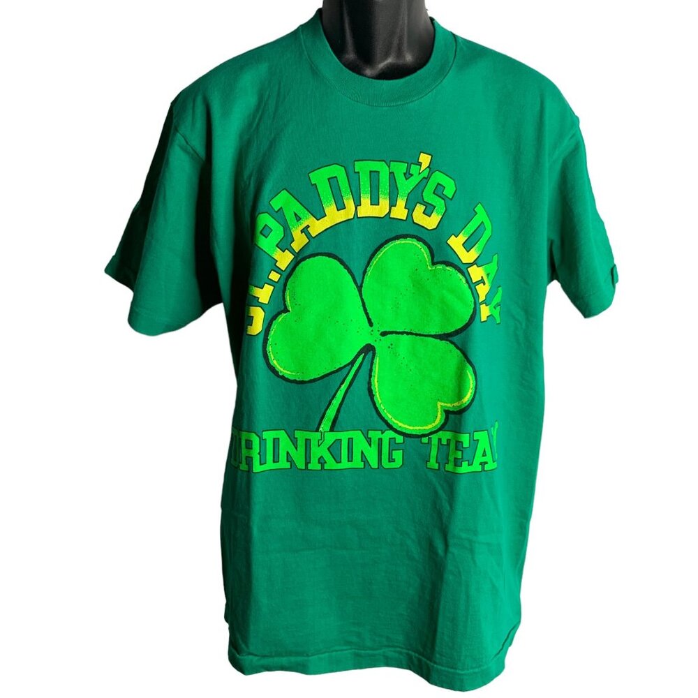 Vintage 90s St Paddys Day Drinking Team T Shirt L Green Single Stitch Crewneck
